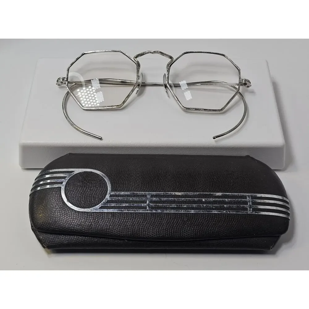 Art Deco Cortland White Gold Filled Octagon Framed Glasses - 10K White Gold Pads